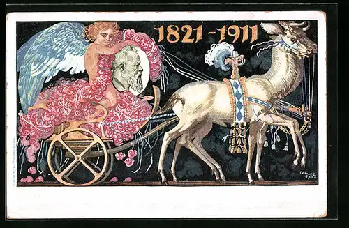 Künstler-AK Büste von Prinzregent Luitpold gehalten von einem Engel in einer Kutsche, 1821-1911, Ganzsache