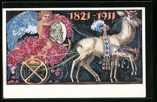 Künstler-AK Büste von Prinzregent Luitpold gehalten von einem Engel in einer Kutsche, 1821-1911, Ganzsache