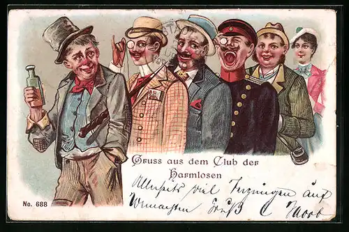 Lithographie Club der Harmlosen, Herren mit Monokel in geselliger Runde