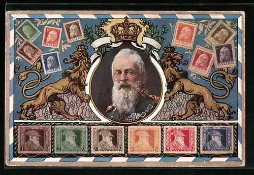 AK Prinzregent Luitpold im Portrait von Löwen gehalten, verschiedene Briefmarken