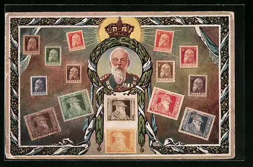 AK Prinzregent Luitpold, Portrait im Ehrenkranz mit Krone, Briefmarken