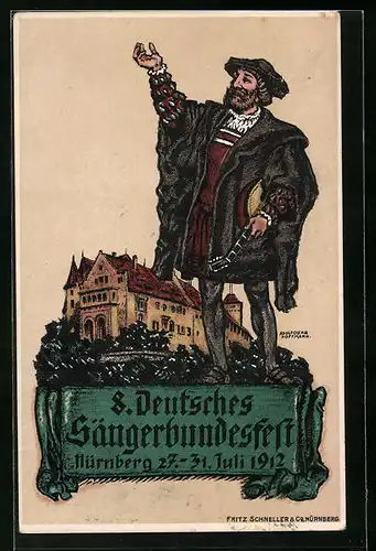 Künstler-AK Nürnberg, 8. Deutsches Sängerbundesfest 1912, Sänger mit Laute