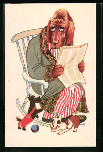 AK Zwei kleine Hunde ärgern Dogge mit Tabakpfeife und Zeitung, vermenschlichte Tiere