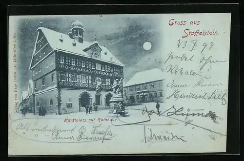 Mondschein-AK Staffelstein, Marktplatz mit Rathaus im Winter