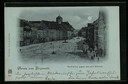 Mondschein-AK Bayreuth, Marktplatz gegen das alte Schloss