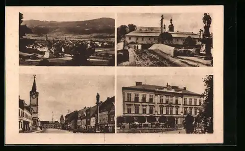 AK Ostrov, Strassenpartie mit Denkmal, Gebäudeansicht, Ortspartie