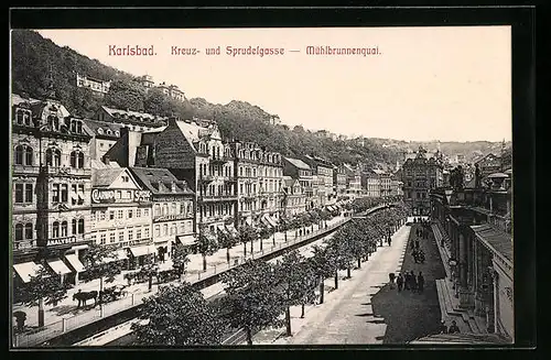 AK Karlsbad, Kreuz- und Sprudelgasse, Mühlbrunnenquai