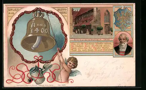 Lithographie Nürnberg, Gasthaus Bratwurstglöcklein, Hans Sachs-Portrait, Engel läutet eine Glocke