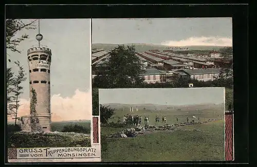 AK Münsingen, Truppenübungsplatz, Barackenlager, Thurm Falkenhausen