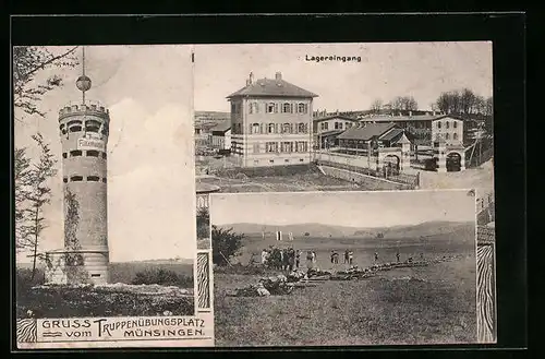 AK Münsingen, Truppenübungsplatz, Lagereingang, Thurm Falkenhausen