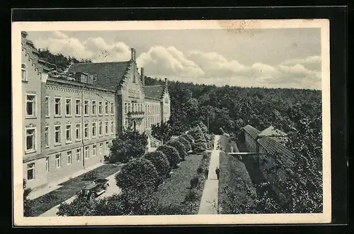 AK Wilhelmsheim, Gebäudeansicht, Flusslauf mit Brücke