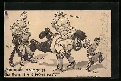 Künstler-AK Deutscher Soldat verprügelt Russen