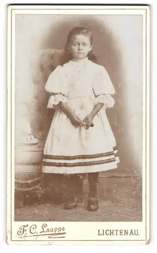 Fotografie F. C. Lauppe, Lichtenau, Junges Mädchen in hübscher Kleidung