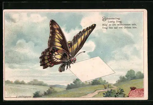 Präge-AK Schmetterling mit Grusskarte in der Luft