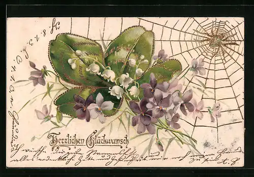 Präge-AK Maiglöckchen und Kleeblätter vor einem Spinnennetz, Glückwunsch