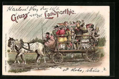 Lithographie Gruss von der Landpartie, Mann mit Pferdegespann fährt durch den Regen