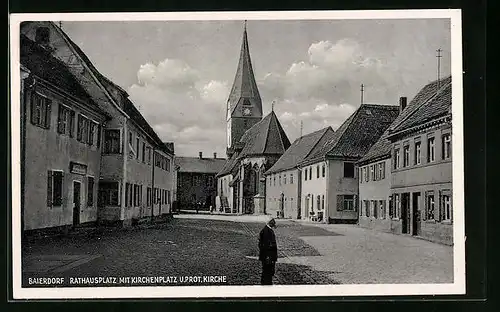 AK Baierdorf, Rathausplatz mit Kirchenplatz und protestantischer Kirche