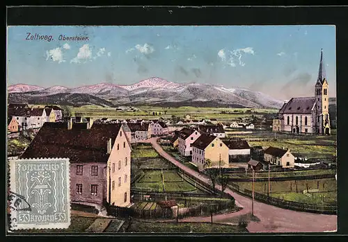 AK Zeltweg, Teilansicht mit Kirche gegen das Gebirge