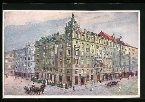 Künstler-AK Wien, Hotel und Cafe-Restaurant Jos. Guth, Hollandstrasse 14