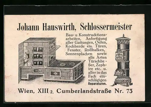 AK Wien, Schlossermeister Johann Hauswirth, Cumberlandstrasse 73