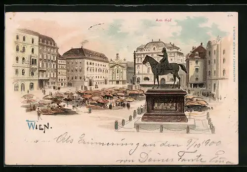 Lithographie Wien, Am Hof mit Markt und Denkmal