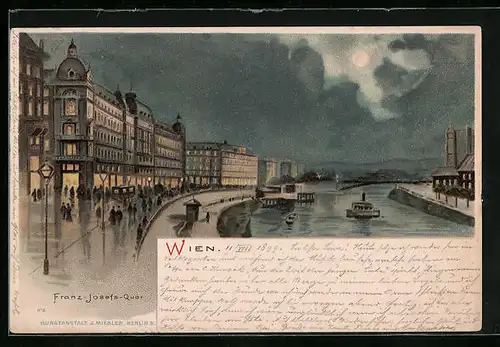Lithographie Wien, Franz-Josefs-Kai mit Dampfboot bei Mondschein