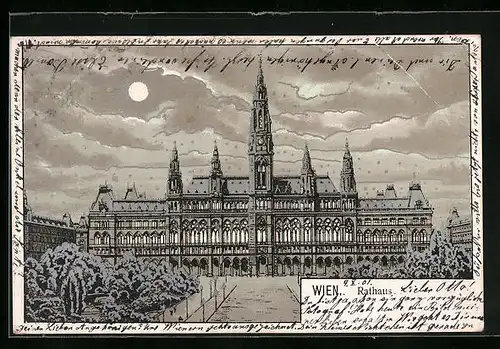 Lithographie Wien, Rathaus bei Schneefall