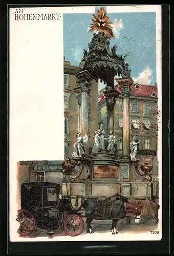 Lithographie Wien, Hoher Markt - Brunnen und Pferdedroschke