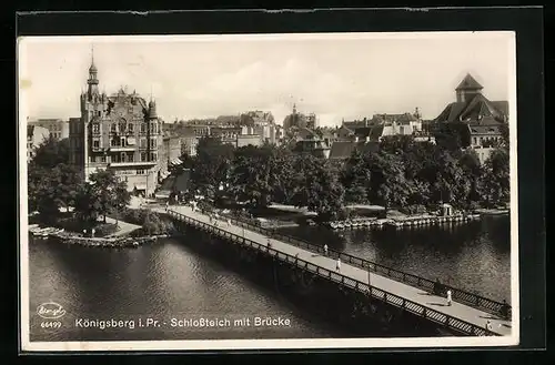 AK Königsberg i. Pr., Schlossteich mit Brücke