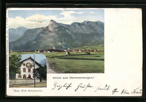 Künstler-AK Oberammergau, Ortsansicht und Haus des Weissbierwirtes Math. Wolf