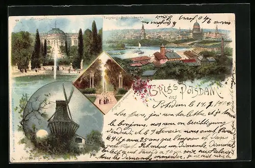 Lithographie Potsdam, Mühle, Ortsansicht von oben, Sanssouci