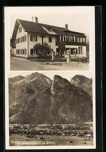 AK Oberammergau, Ortsansicht mit Kofel, Einzelhaus mit Kreuz an der Wand