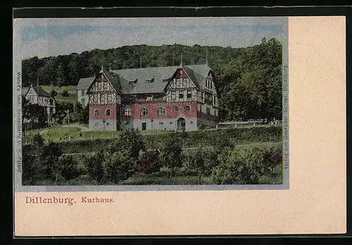 Seiden-Imitations-AK Dillenburg, Ortspartie mit Kurhaus