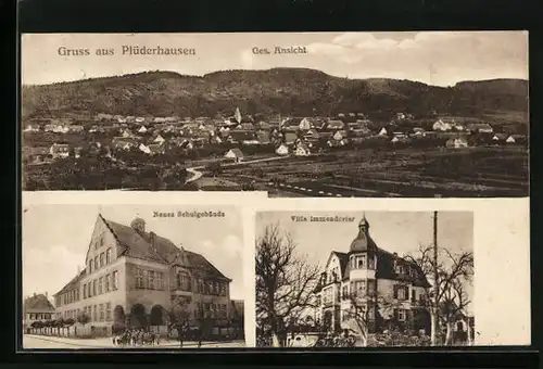 AK Plüderhausen, Villa Immendörfer, Neues Schulgebäude, Gesamtansicht