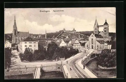 AK Esslingen, Agnesbrücke aus der Vogelschau mit Kirchen