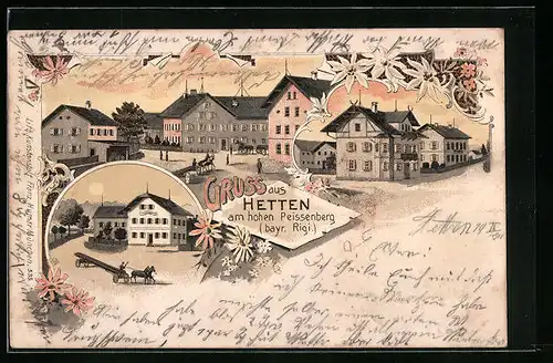 Lithographie Hetten am hohen Peissenberg, Gasthaus, Strassenpartie im Abendlicht