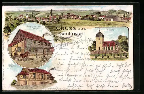 Lithographie Remlingen, Gasthaus von O. Salge, Saal, Kirche