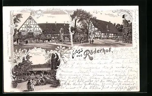 Lithographie Diekholzen, Gasthaus Röderhof, Restaurant Forsthaus F. Ohmes mit Gartenansicht, Gutshaus