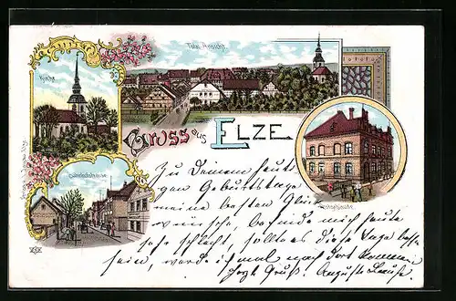 Lithographie Elze, Postgebäude, Kirche, Bahnhofstrasse