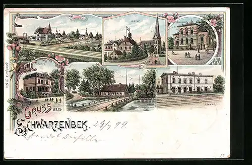 Lithographie Schwarzenbek, Sparkasse, Bahnhof, Schule