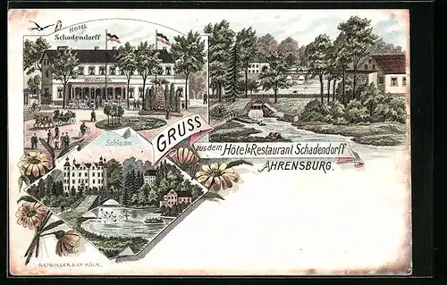 Lithographie Ahrensburg, Hôtel & Restaurant Schadendorff, Schloss, Ortspartie