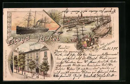 Lithographie Bremerhaven, Lloyd Hôtel, Dampfer, Teilansicht