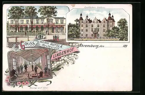 Lithographie Ahrensburg, Hotel & Restaurant Lindenhof, Kegelbahn, Gräfliches Schloss