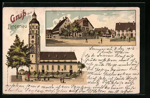 Lithographie Langenau, Kirche, Strassenpartie mit Gebäudeansicht