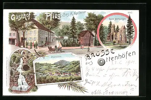 Lithographie Ottenhöfen, Gasthof Pflug, Ruine Allerheiligen, Wasserfall