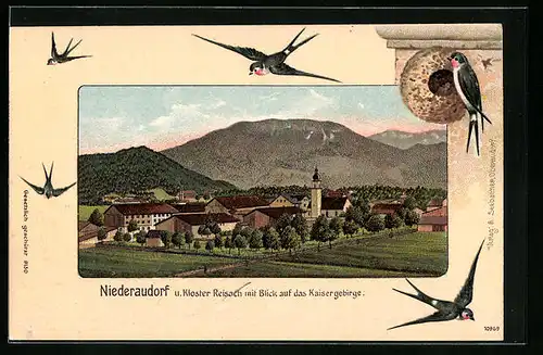 Präge-Lithographie Niederaudorf, Teilansicht und Kloster Reisach mit Blick auf das Kaisergebirge