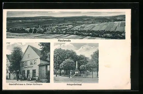 AK Hauteroda, Geschäftshaus v. Oskar Hoffmann, Kriegerdenkmal, Teilansicht