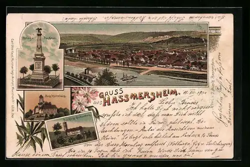 Lithographie Hassmersheim, Schloss Guttenberg, Burg Hornberg, Krieger-Denkmal