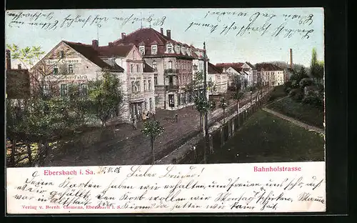 Relief-AK Ebersbach i. Sa., Bahnhofstrasse mit Geschäftsbücher-Fabrik von Berhn. Clemens