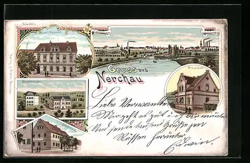 Lithographie Nerchau, Wiesenbad, Stadthaus, Kaiserliches Postamt